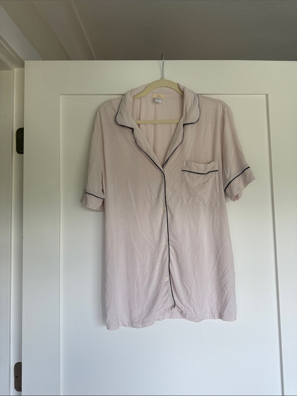 Eberjey Pale Pink Short Sleeve Button-Front Pajama Top with Black Piping